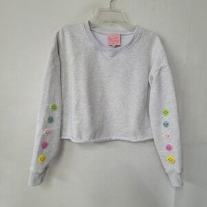 Frasier Sterling Smiley Face Graphic Sweatshirt Womens Medium Light Grey Cropped